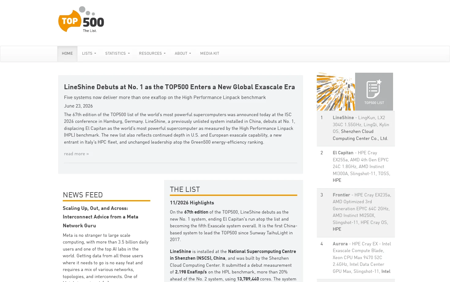 TOP500 页面快照